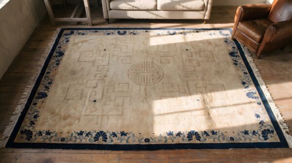 Ivory chinese - peking room size rectangle wool 1890s knotted antique rug 2 Ivory chinese - peking room size rectangle wool 1890s knotted antique rug (sku 22807) - styled overhead view
