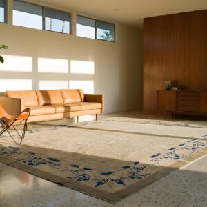 Ivory Knotted Chinese Peking Square 1880s Wool Room Size Antique Rug (SKU 25598) - room view