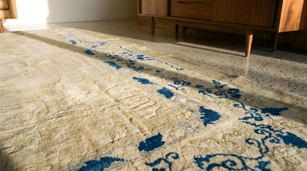Ivory knotted chinese peking square 1880s wool room size antique rug 11 Ivory knotted chinese peking square 1880s wool room size antique rug (sku 25598) - in-room detail