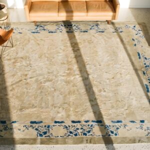 Ivory Knotted Chinese Peking Square 1880s Wool Room Size Antique Rug (SKU 25598) - styled overhead view
