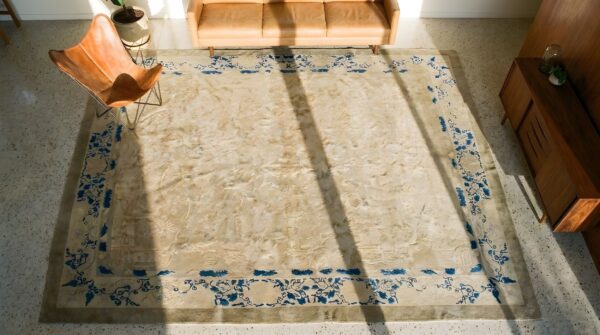 Ivory knotted chinese peking square 1880s wool room size antique rug 2 Ivory knotted chinese peking square 1880s wool room size antique rug (sku 25598) - styled overhead view