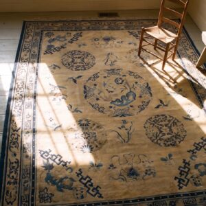 Wool Ivory Chinese Antique Room Size - Peking 1920s Rectangle Knotted Rug (SKU 25537) - styled overhead view
