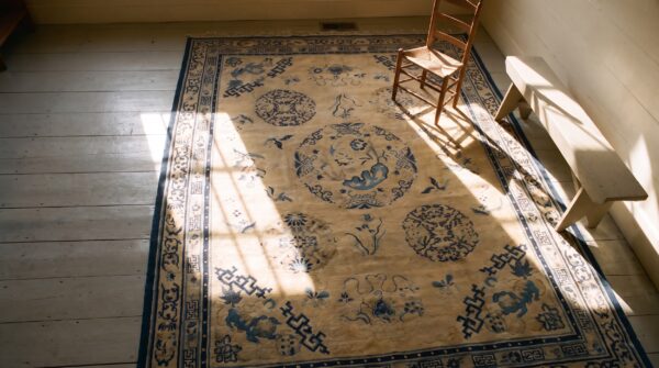 Wool ivory chinese antique room size - peking 1920s rectangle knotted rug 2 Wool ivory chinese antique room size - peking 1920s rectangle knotted rug (sku 25537) - styled overhead view