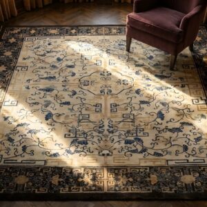 Antique Ivory Cloud Band Design Chinese Room Size Peking Rug (SKU 23782) - styled overhead view
