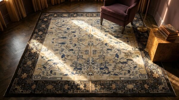Antique ivory cloud band design chinese room size peking rug 2 Antique ivory cloud band design chinese room size peking rug (sku 23782) - styled overhead view