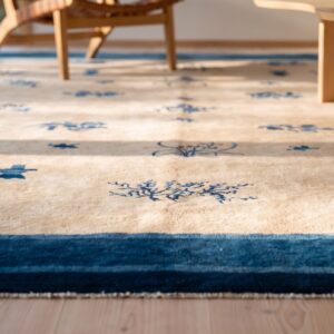 Ivory Color Antique Late 19th Century Room Size Floral Chinese Peking Carpet (SKU 23304) - in-room detail