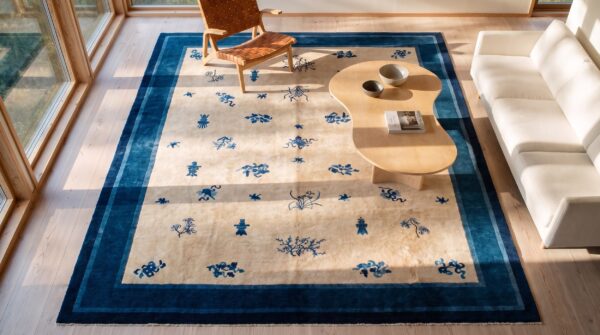 Ivory color antique late 19th century room size floral chinese peking carpet 2 Ivory color antique late 19th century room size floral chinese peking carpet (sku 23304) - styled overhead view