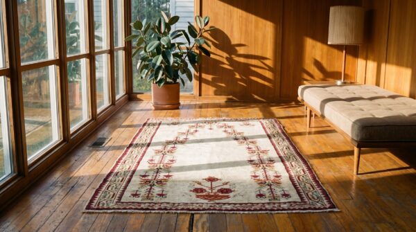 Ivory color antique late 19th century tribal turkish ghiordes muslim prayer rug 7 Ivory color antique late 19th century tribal turkish ghiordes muslim prayer rug (sku 21610) - room view