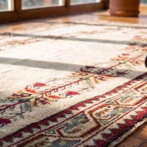 Ivory Color Antique Late 19th Century Tribal Turkish Ghiordes Muslim Prayer Rug (SKU 21610) - in-room detail
