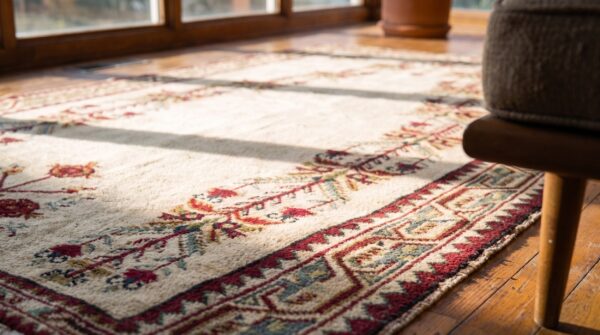 Ivory color antique late 19th century tribal turkish ghiordes muslim prayer rug 8 Ivory color antique late 19th century tribal turkish ghiordes muslim prayer rug (sku 21610) - in-room detail