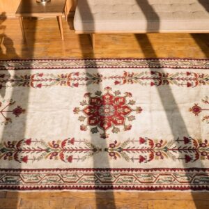 Ivory Color Antique Late 19th Century Tribal Turkish Ghiordes Muslim Prayer Rug (SKU 21610) - styled overhead view