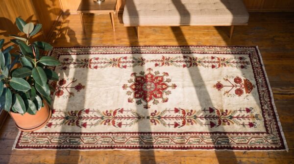 Ivory color antique late 19th century tribal turkish ghiordes muslim prayer rug 2 Ivory color antique late 19th century tribal turkish ghiordes muslim prayer rug (sku 21610) - styled overhead view
