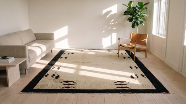Antique ivory color open field chinese bats border peking rug 7 Antique ivory color open field chinese bats border peking rug (sku 20346) - room view
