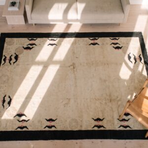 Antique Ivory Color Open Field Chinese Bats Border Peking Rug (SKU 20346) - styled overhead view