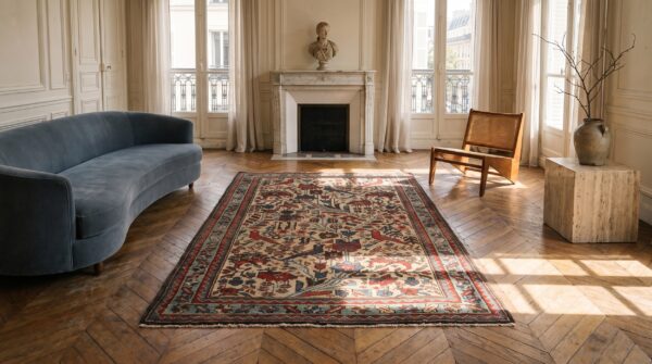 Ivory color antique small persian tribal geometric bird design malayer throw rug 5 Ivory color antique small persian tribal geometric bird design malayer throw rug (sku 23067) - room view