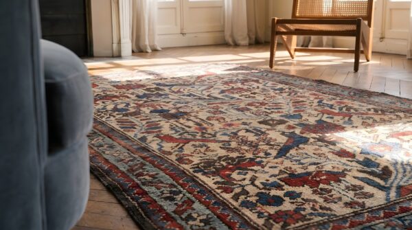 Ivory color antique small persian tribal geometric bird design malayer throw rug 6 Ivory color antique small persian tribal geometric bird design malayer throw rug (sku 23067) - in-room detail