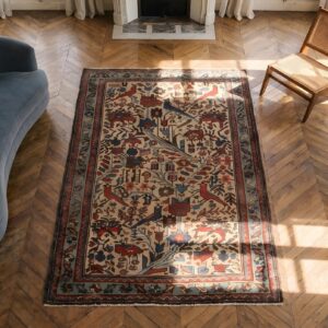 Ivory Color Antique Small Persian Tribal Geometric Bird Design Malayer Throw Rug (SKU 23067) - styled overhead view