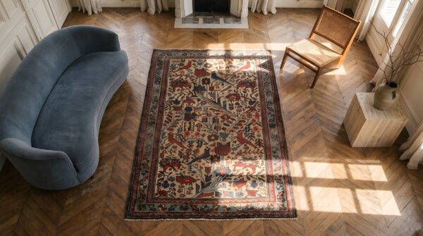 Ivory color antique small persian tribal geometric bird design malayer throw rug 2 Ivory color antique small persian tribal geometric bird design malayer throw rug (sku 23067) - styled overhead view