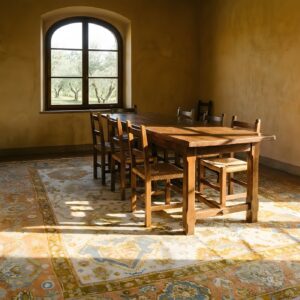 Ivory Color Square Shape Allover Arts and Crafts Antique Turkish Oushak Rug (SKU 25363) - room view