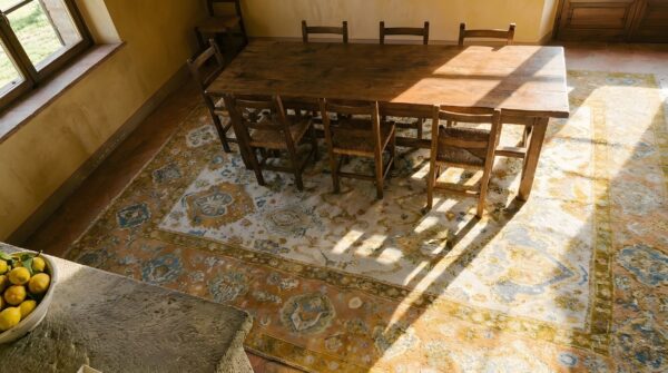 Ivory color square shape allover arts and crafts antique turkish oushak rug 2 Ivory color square shape allover arts and crafts antique turkish oushak rug (sku 25363) - styled overhead view