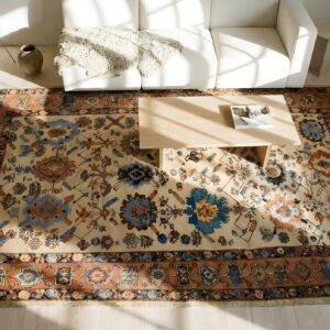 Antique Ivory Color Tribal Large Scale Design Persian Bakshaish Carpet (SKU 23887) - styled overhead view