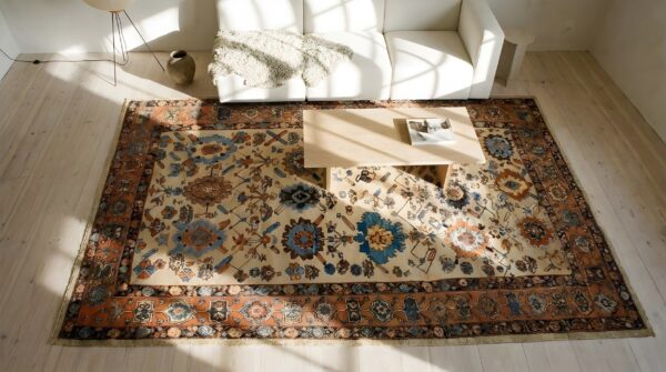Antique ivory color tribal large scale design persian bakshaish carpet 2 Antique ivory color tribal large scale design persian bakshaish carpet (sku 23887) - styled overhead view