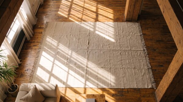 Ivory cream color abstract antique persian flat woven wool kilim rug 2 Ivory cream color abstract antique persian flat woven wool kilim rug (sku 19539) - styled overhead view