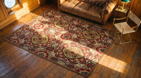 Ivory cream color european floral design antique english needlepoint carpet 2 Ivory cream color european floral design antique english needlepoint carpet (sku 19591) - styled overhead view