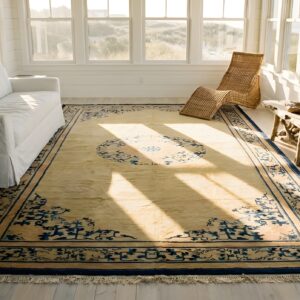 Ivory Cream Color Antique Greek Key Pattern Peking Oversized Chinese Carpet (SKU 23994) - styled overhead view