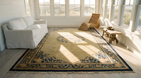 Ivory cream color antique greek key pattern peking oversized chinese carpet (sku 23994) - styled overhead view