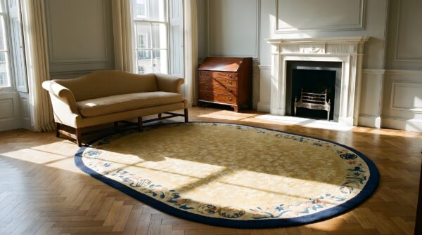 Ivory cream color antique oval chinese koi fish and bat design peking rug 11 Ivory cream color antique oval chinese koi fish and bat design peking rug (sku 23495) - room view