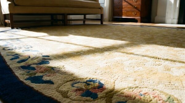 Ivory cream color antique oval chinese koi fish and bat design peking rug 12 Ivory cream color antique oval chinese koi fish and bat design peking rug (sku 23495) - in-room detail