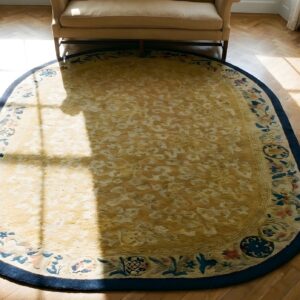 Ivory Cream Color Antique Oval Chinese Koi Fish and Bat Design Peking Rug (SKU 23495) - styled overhead view