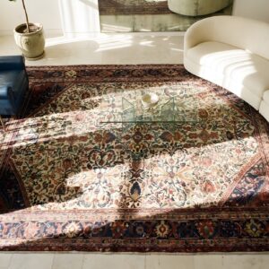 Ivory Cream Antique Floral Hand Knotted Wool Pile Rug (SKU 25639) - styled overhead view