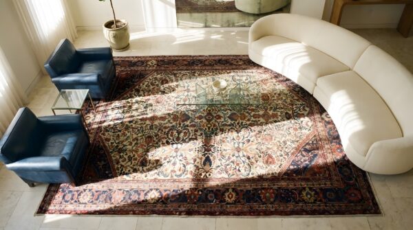 Ivory cream antique floral hand knotted wool pile rug 2 Ivory cream antique floral hand knotted wool pile rug (sku 25639) - styled overhead view