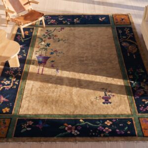 Ivory Cream Open Field Antique Chinese Art Deco Room Size Carpet (SKU 25554) - styled overhead view