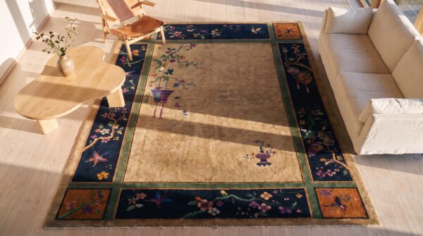 Ivory cream open field antique chinese art deco room size carpet 2 Ivory cream open field antique chinese art deco room size carpet (sku 25554) - styled overhead view
