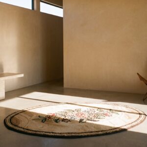 Ivory Cream Small Antique Floral Medallion American Hooked Oval Rug (SKU 17293) - room view