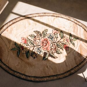 Ivory Cream Small Antique Floral Medallion American Hooked Oval Rug (SKU 17293) - styled overhead view