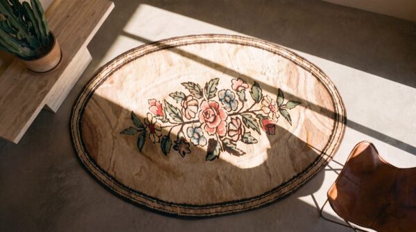 Ivory cream small antique floral medallion american hooked oval rug (sku 17293) - styled overhead view