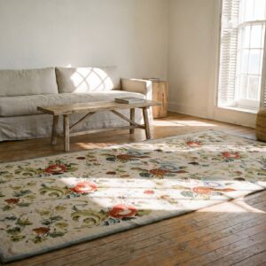Antique Ivory European Floral Pattern English Victorian Needlepoint Carpet (SKU 18274) - room view