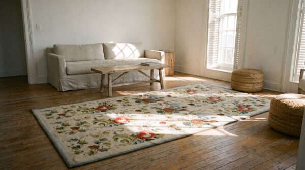 Antique ivory european floral pattern english victorian needlepoint carpet 9 Antique ivory european floral pattern english victorian needlepoint carpet (sku 18274) - room view