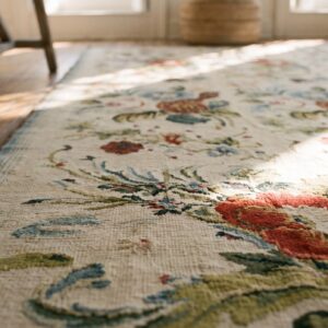 Antique Ivory European Floral Pattern English Victorian Needlepoint Carpet (SKU 18274) - in-room detail