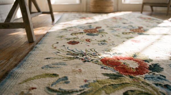 Antique ivory european floral pattern english victorian needlepoint carpet 10 Antique ivory european floral pattern english victorian needlepoint carpet (sku 18274) - in-room detail