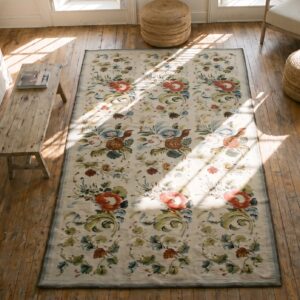 Antique Ivory European Floral Pattern English Victorian Needlepoint Carpet (SKU 18274) - styled overhead view