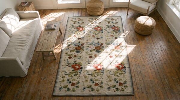 Antique ivory european floral pattern english victorian needlepoint carpet 2 Antique ivory european floral pattern english victorian needlepoint carpet (sku 18274) - styled overhead view