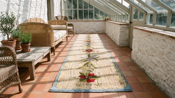 Ivory antique floral american hooked hallway runner rug (sku 20566) - room view