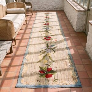 Ivory Antique Floral American Hooked Hallway Runner Rug (SKU 20566) - styled overhead view