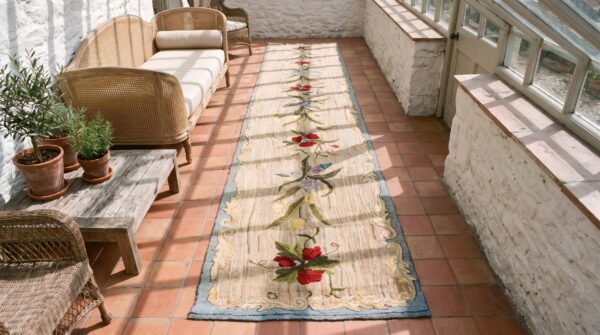 Ivory antique floral american hooked hallway runner rug (sku 20566) - styled overhead view