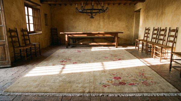 Ivory antique wool floral chinese art deco hand knotted pile rug 6 Ivory antique wool floral chinese art deco hand knotted pile rug (sku 21765) - room view